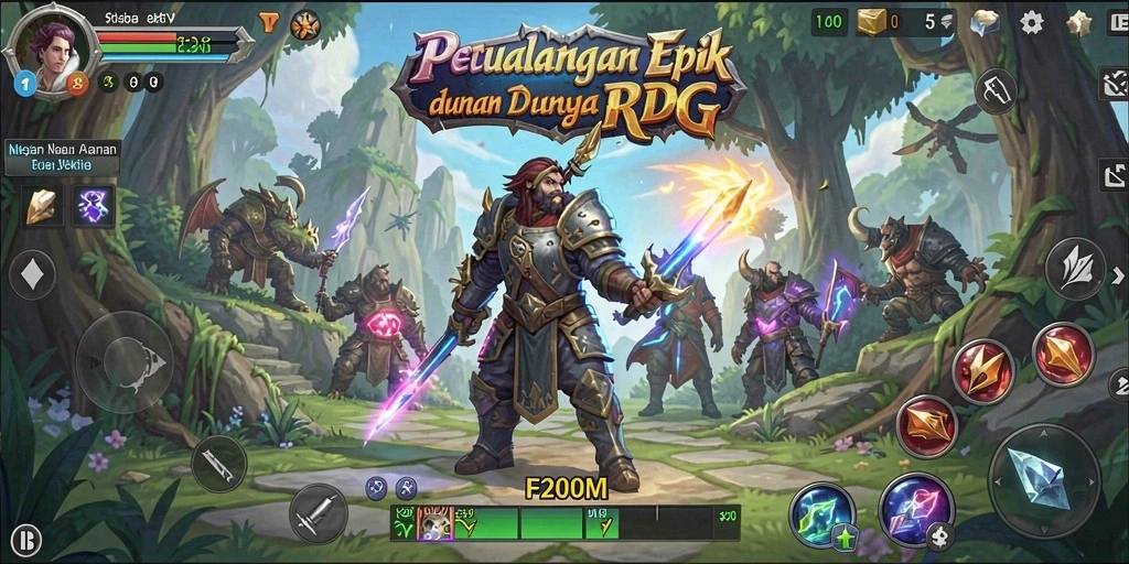 Screenshot menunjukkan momen aksi mendebarkan dalam gameplay RPG F200M.