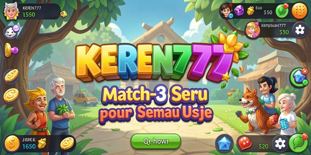 Screenshot utama KEREN777 menunjukkan gameplay Match-3 yang seru dan penuh warna.