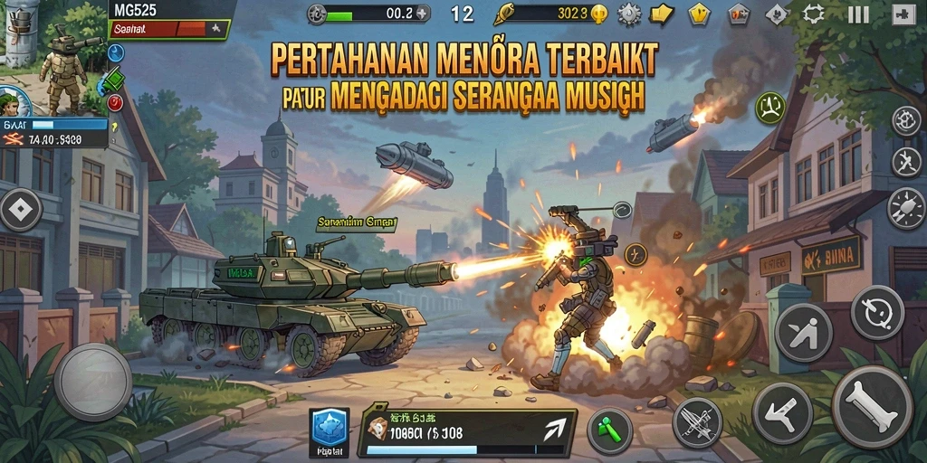 Tampilan gameplay MG525 menampilkan menara bertahan melawan gelombang musuh.
