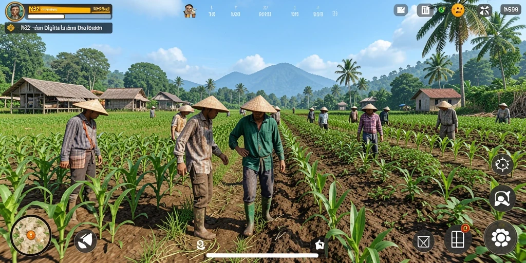 Tangkapan layar N32 menampilkan kebun yang asri dan aktivitas bertani yang seru.