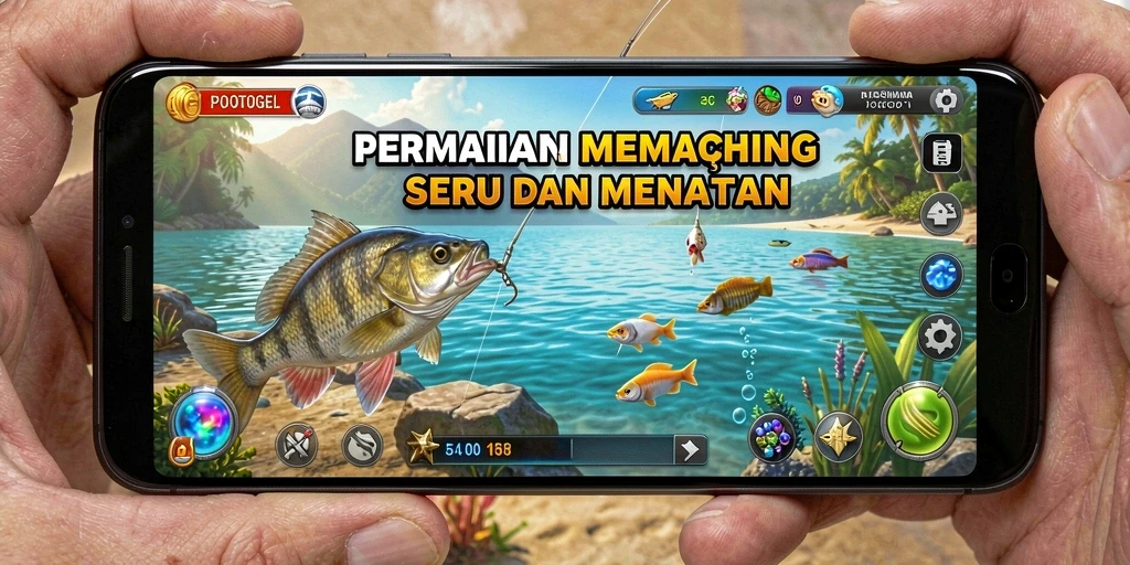 Screenshot gameplay <strong>POPOTOGEL</strong> menampilkan pemain yang sedang memancing di danau yang indah.