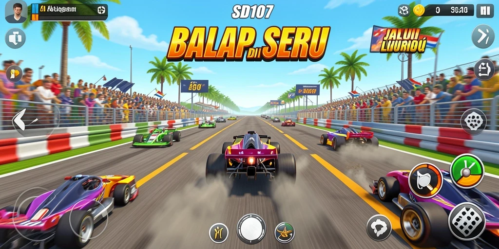 Screenshot gameplay SD107 menunjukkan aksi balap yang mendebarkan dan grafis memukau.